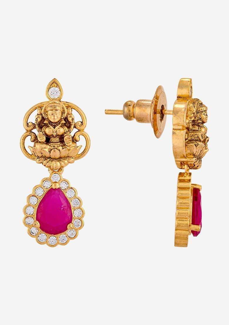 Copper Gold-Plated Cubic Zirconia Studded Necklace Earrings Set for Women | Traditional Temple Jewellery for Wedding & Festive Wear | Gift for Her - Indya
