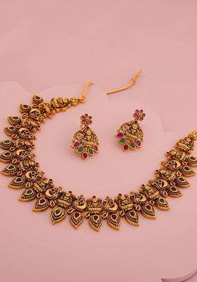 Gold-Plated Temple Stone-Studded Necklace and Earrings for Women | Traditional Temple Jewellery for Wedding & Festive Wear | Gift for Her