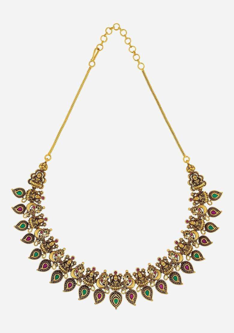 Gold-Plated Temple Stone-Studded Necklace and Earrings for Women | Traditional Temple Jewellery for Wedding & Festive Wear | Gift for Her - Indya
