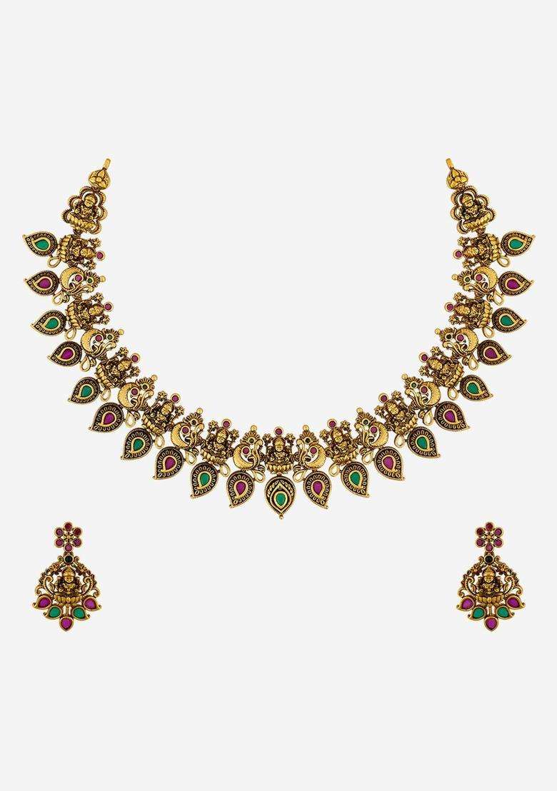 Gold-Plated Temple Stone-Studded Necklace and Earrings for Women | Traditional Temple Jewellery for Wedding & Festive Wear | Gift for Her - Indya