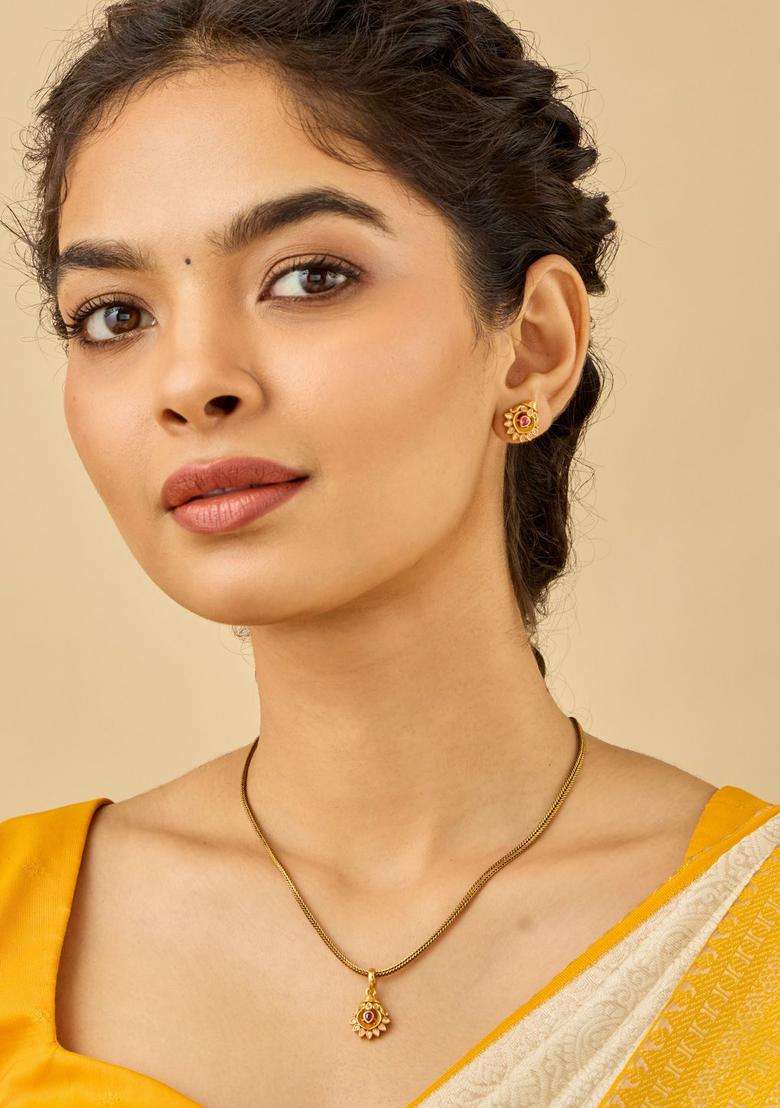92.5 Pure Silver Gold-Plated Ruby Stones Temple Pendant Set for Women | Traditional Temple Jewellery for Wedding & Festive Wear | Gift for Her - Indya