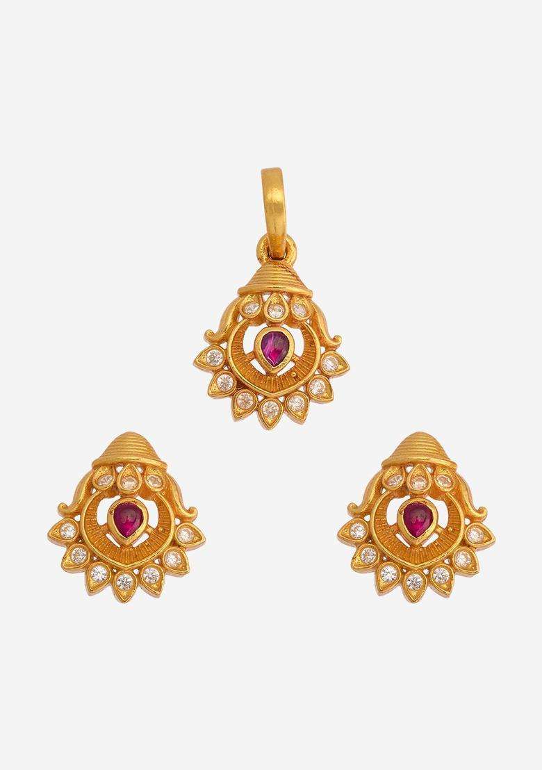 92.5 Pure Silver Gold-Plated Ruby Stones Temple Pendant Set for Women | Traditional Temple Jewellery for Wedding & Festive Wear | Gift for Her - Indya