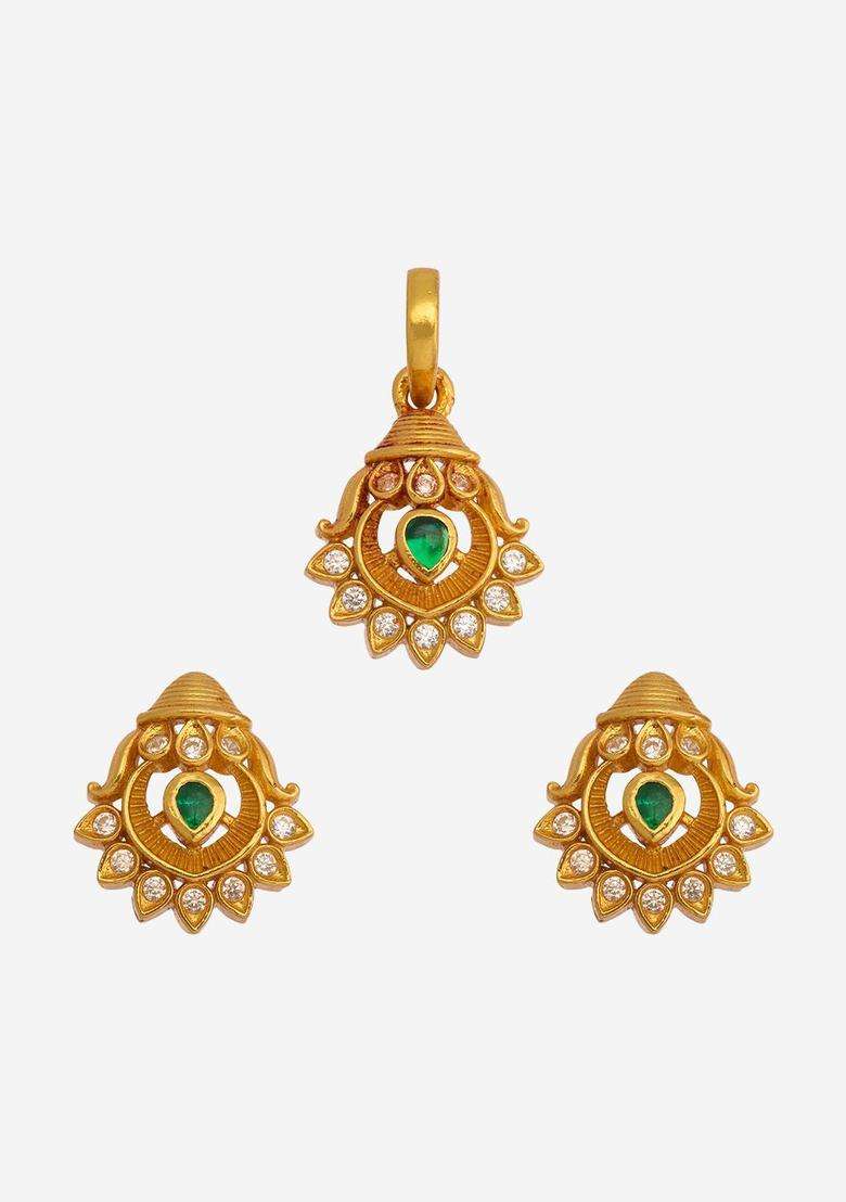 Green 92.5 Pure Silver Gold-Plated Artificial Stone Pendant Set for Women | Traditional Temple Jewellery for Wedding & Festive Wear | Gift for Her - Indya