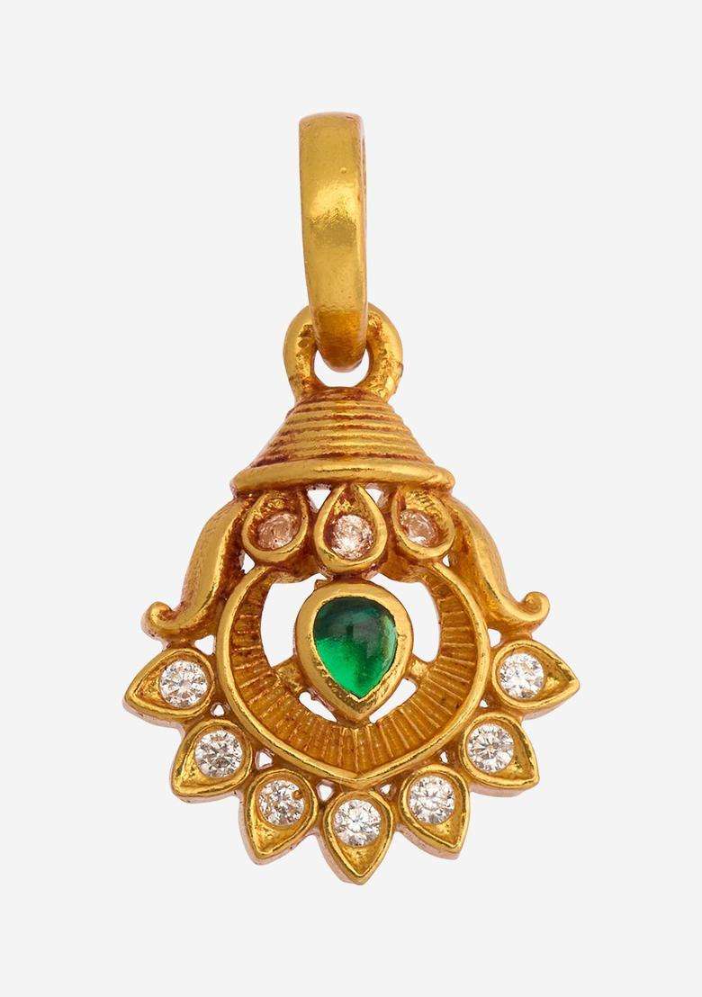 Green 92.5 Pure Silver Gold-Plated Artificial Stone Pendant Set for Women | Traditional Temple Jewellery for Wedding & Festive Wear | Gift for Her - Indya