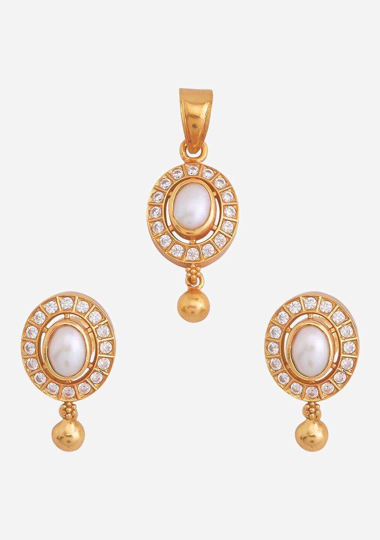 Gold-Plated Embellished Bridal 92.5 Silver Stone Pearl Pendent Set for Women | Traditional Temple Jewellery for Wedding & Festive Wear | Gift for Her - Indya