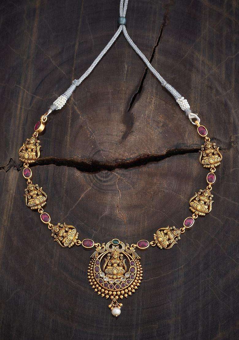 92.5 Pure Silver Gold-Plated Stone Studded Temple Necklace for Women | Traditional Temple Jewellery for Wedding & Festive Wear | Gift for Her - Indya