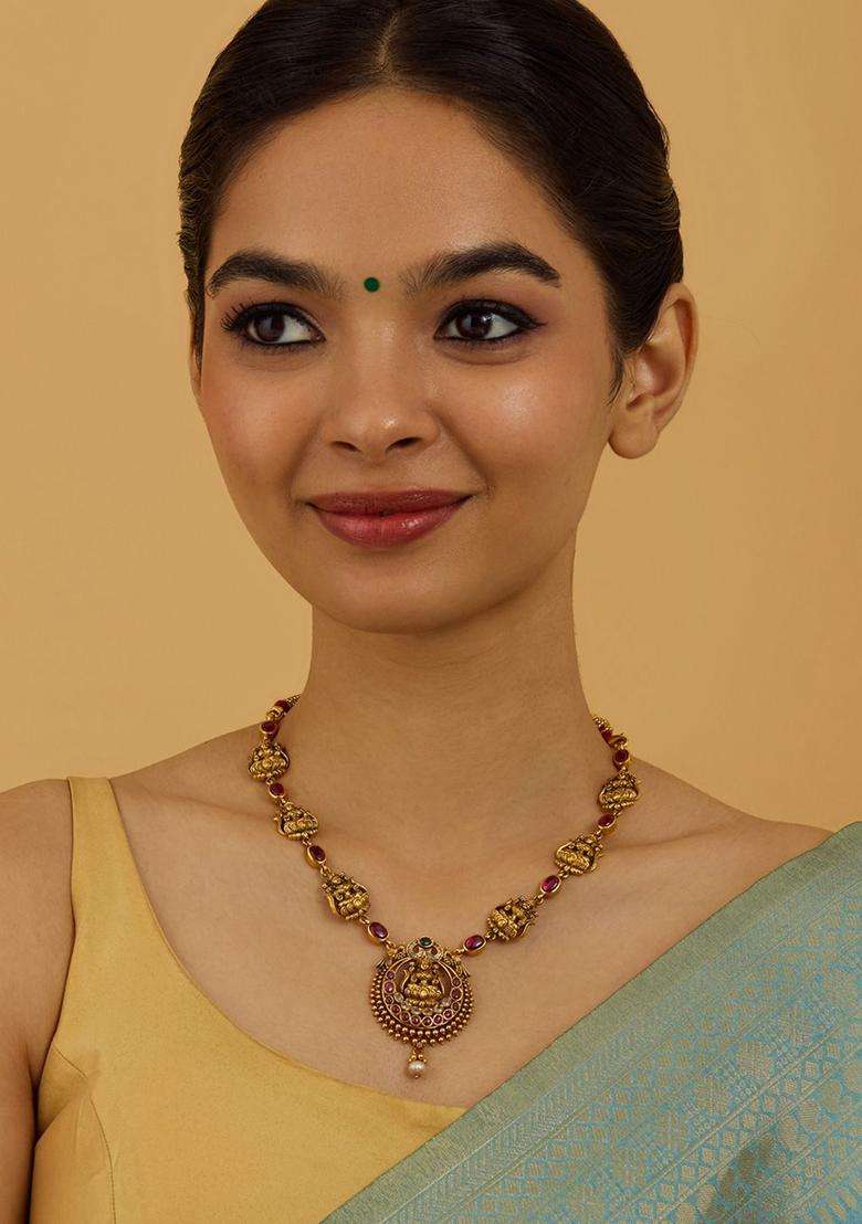 92.5 Pure Silver Gold-Plated Stone Studded Temple Necklace for Women | Traditional Temple Jewellery for Wedding & Festive Wear | Gift for Her - Indya