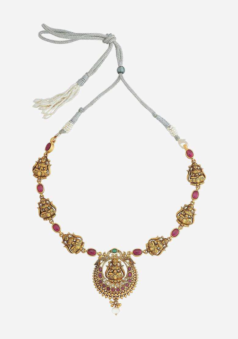 92.5 Pure Silver Gold-Plated Stone Studded Temple Necklace for Women | Traditional Temple Jewellery for Wedding & Festive Wear | Gift for Her - Indya