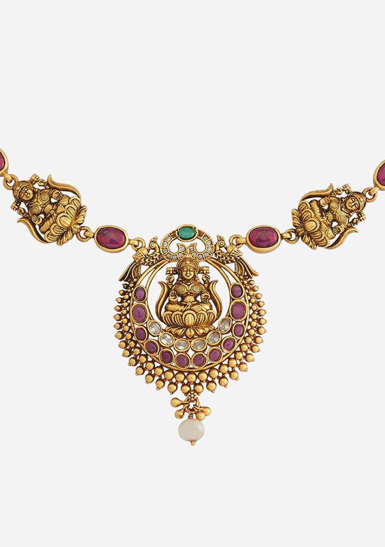 92.5 Pure Silver Gold-Plated Stone Studded Temple Necklace for Women | Traditional Temple Jewellery for Wedding & Festive Wear | Gift for Her - Indya