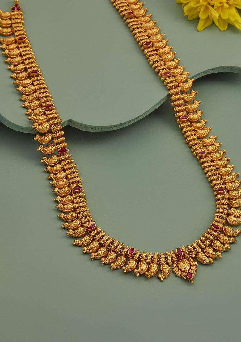 92.5 Pure Silver Gold-Plated Stone Studded Temple Necklace for Women | Traditional Temple Jewellery for Wedding & Festive Wear | Gift for Her - Indya