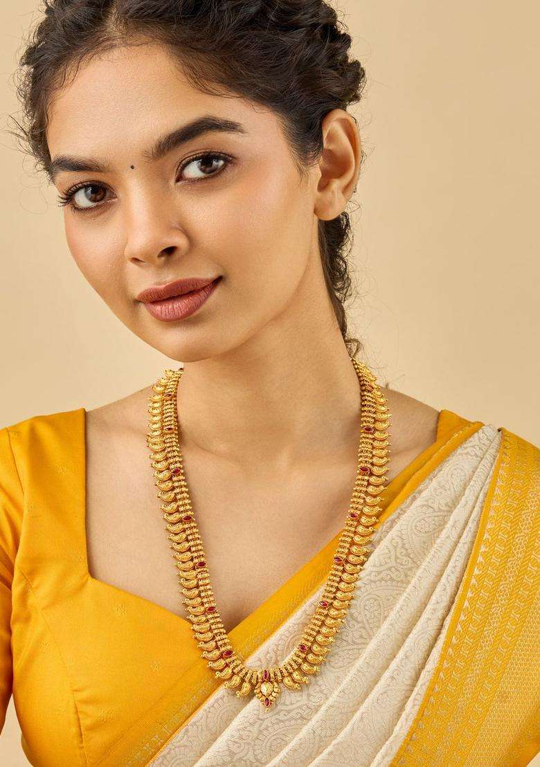 92.5 Pure Silver Gold-Plated Stone Studded Temple Necklace for Women | Traditional Temple Jewellery for Wedding & Festive Wear | Gift for Her - Indya