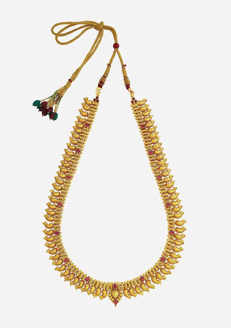 92.5 Pure Silver Gold-Plated Stone Studded Temple Necklace for Women | Traditional Temple Jewellery for Wedding & Festive Wear | Gift for Her - Indya