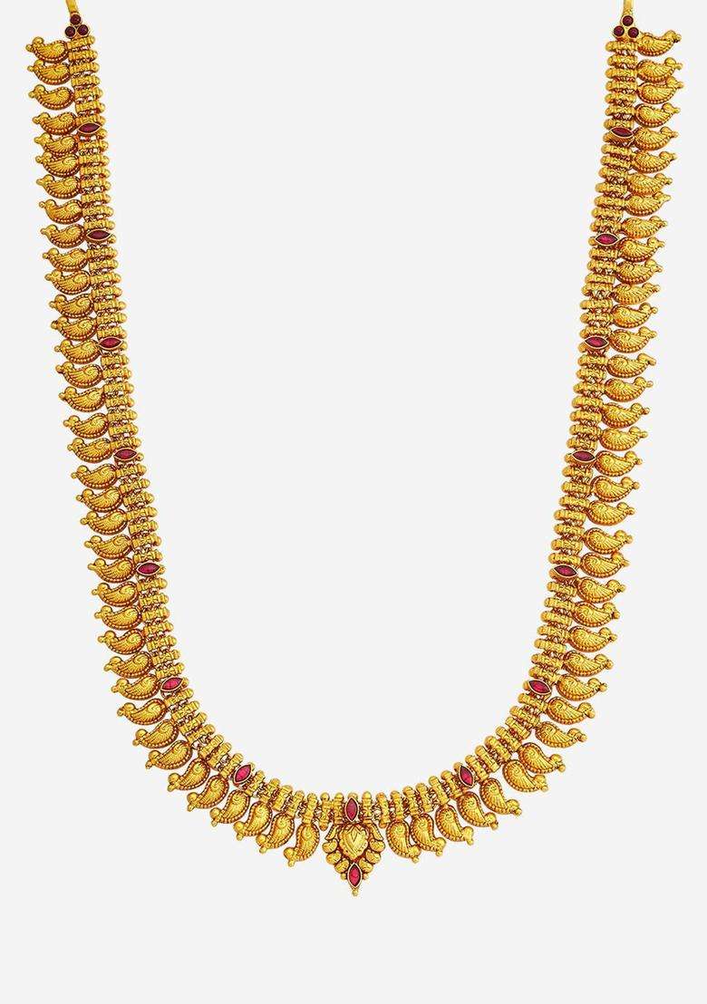 92.5 Pure Silver Gold-Plated Stone Studded Temple Necklace for Women | Traditional Temple Jewellery for Wedding & Festive Wear | Gift for Her - Indya