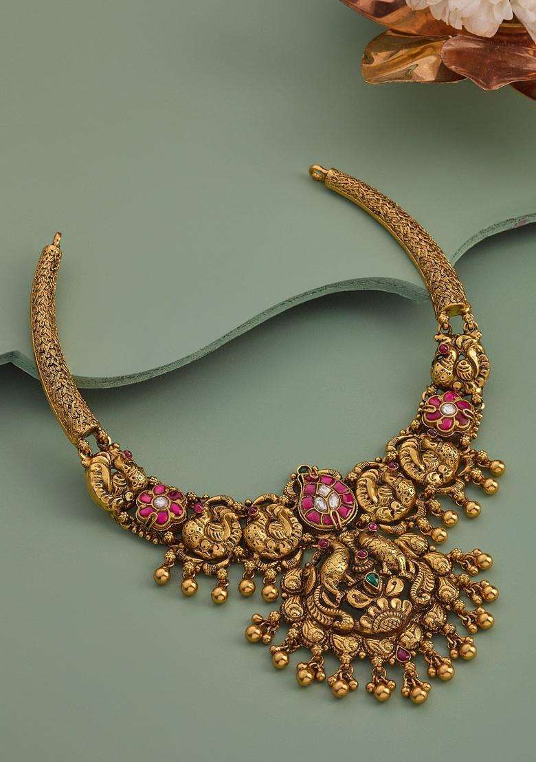 92.5 Pure Silver Gold-Plated Stone Studded Temple Necklace for Women | Traditional Temple Jewellery for Wedding & Festive Wear | Gift for Her - Indya