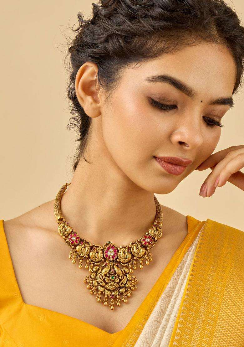 92.5 Pure Silver Gold-Plated Stone Studded Temple Necklace for Women | Traditional Temple Jewellery for Wedding & Festive Wear | Gift for Her - Indya
