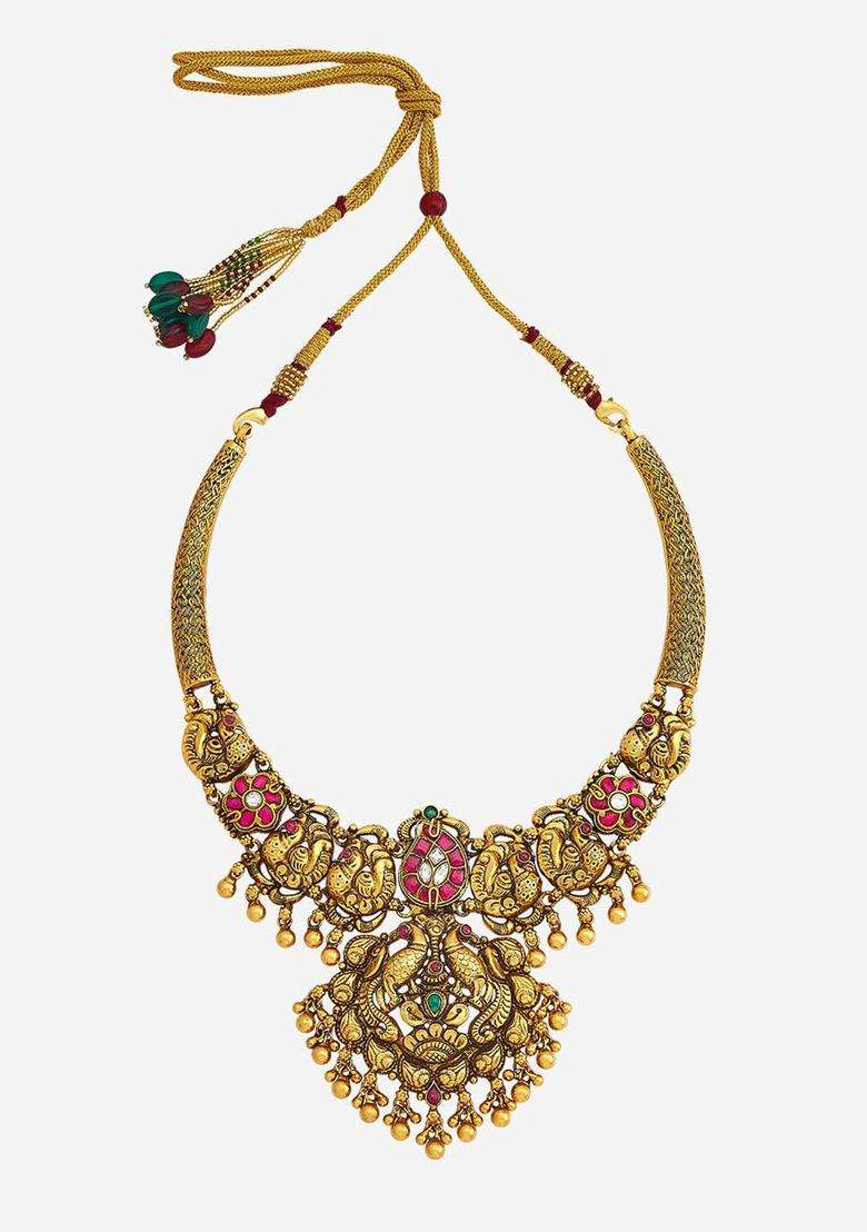 92.5 Pure Silver Gold-Plated Stone Studded Temple Necklace for Women | Traditional Temple Jewellery for Wedding & Festive Wear | Gift for Her - Indya