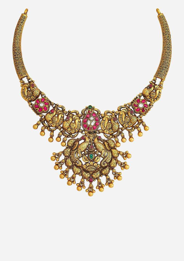 92.5 Pure Silver Gold-Plated Stone Studded Temple Necklace for Women | Traditional Temple Jewellery for Wedding & Festive Wear | Gift for Her - Indya