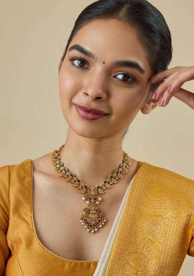 Embellished Bridal 92.5 Zircon Oxidised Temple Necklace with CZ Stone for Women | Traditional Temple Jewellery for Wedding & Festive Wear | Gift for Her - Indya