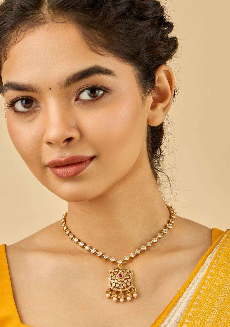 92.5 Pure Silver Gold-Plated Stone Studded & Beaded Necklace for Women | Traditional Temple Jewellery for Wedding & Festive Wear | Gift for Her - Indya