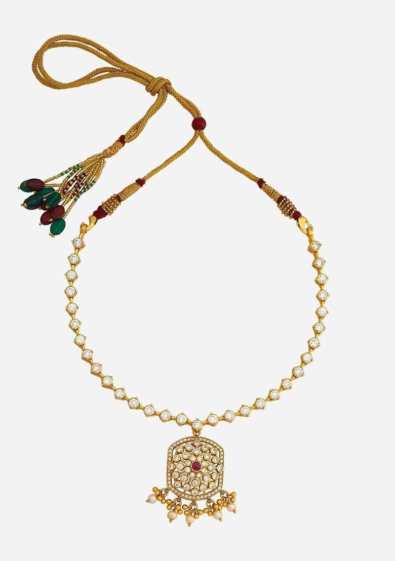 92.5 Pure Silver Gold-Plated Stone Studded & Beaded Necklace for Women | Traditional Temple Jewellery for Wedding & Festive Wear | Gift for Her - Indya