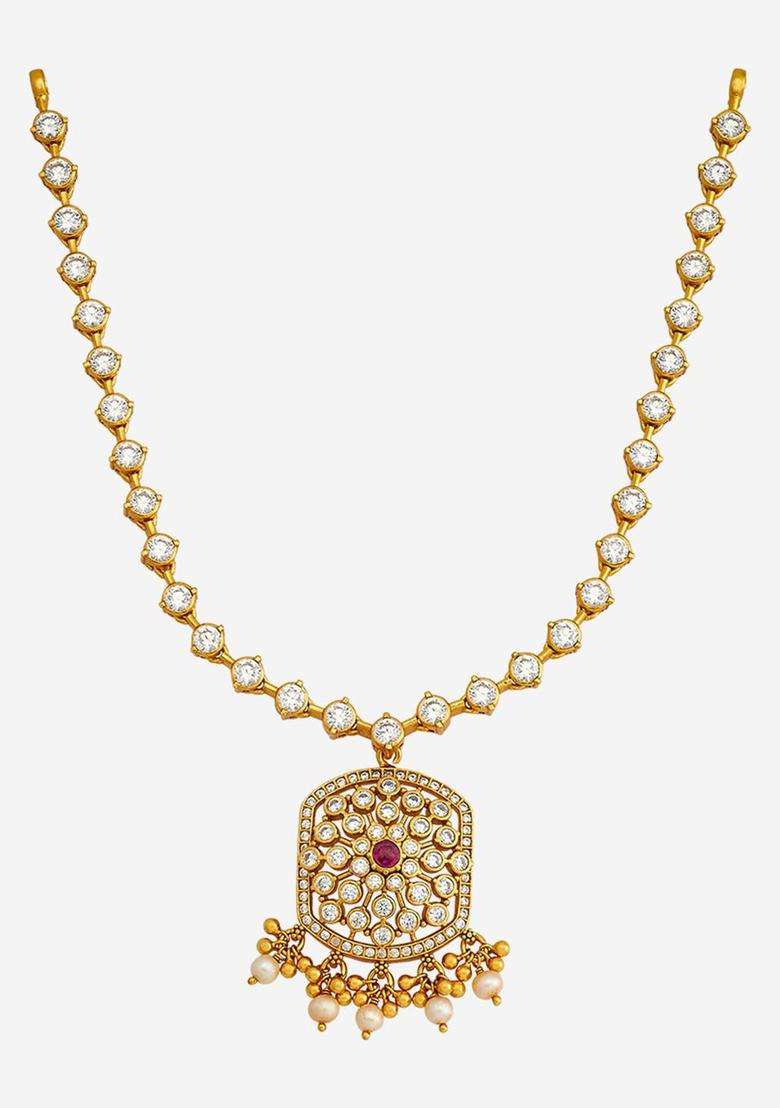 92.5 Pure Silver Gold-Plated Stone Studded & Beaded Necklace for Women | Traditional Temple Jewellery for Wedding & Festive Wear | Gift for Her - Indya