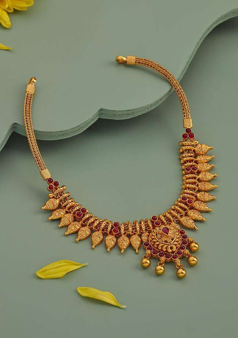 92.5 Pure Silver Gold-Plated Stone Studded Temple Necklace for Women | Traditional Temple Jewellery for Wedding & Festive Wear | Gift for Her - Indya