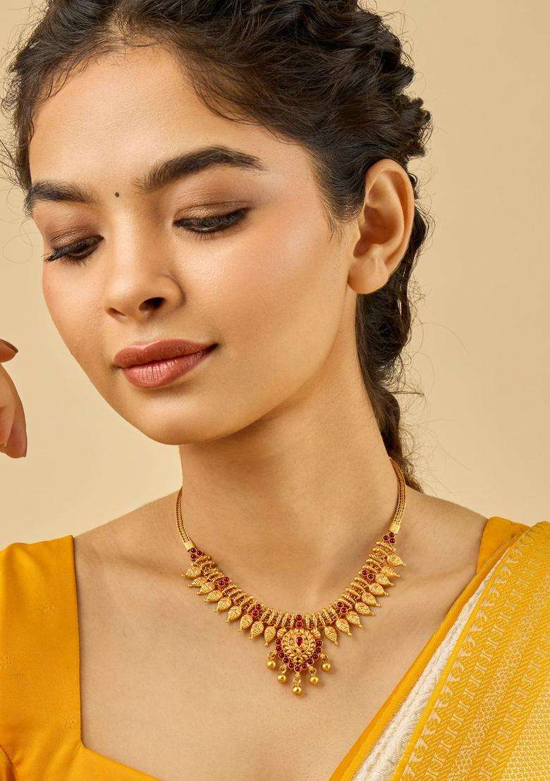 92.5 Pure Silver Gold-Plated Stone Studded Temple Necklace for Women | Traditional Temple Jewellery for Wedding & Festive Wear | Gift for Her - Indya