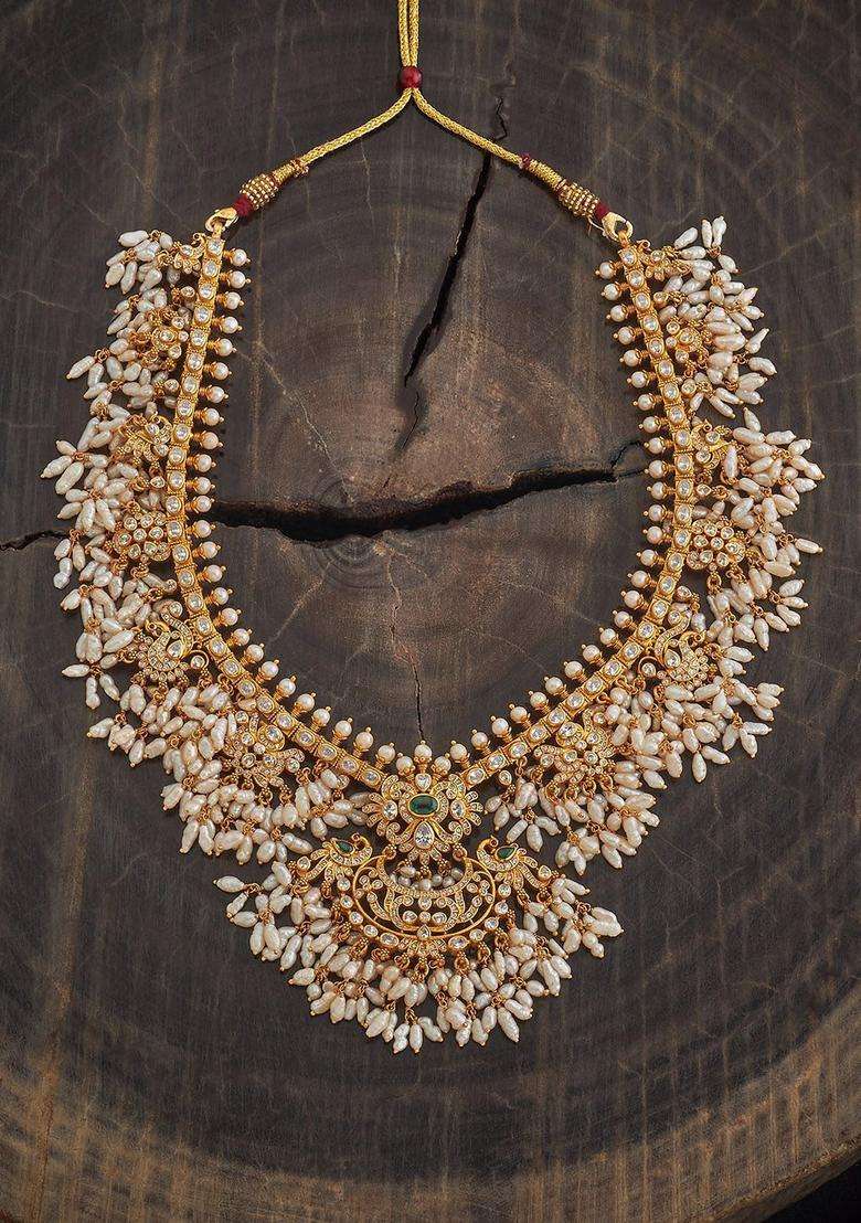 92.5 Pure Silver Gold-Plated Artificial Stones Temple Necklace for Women | Traditional Temple Jewellery for Wedding & Festive Wear | Gift for Her - Indya