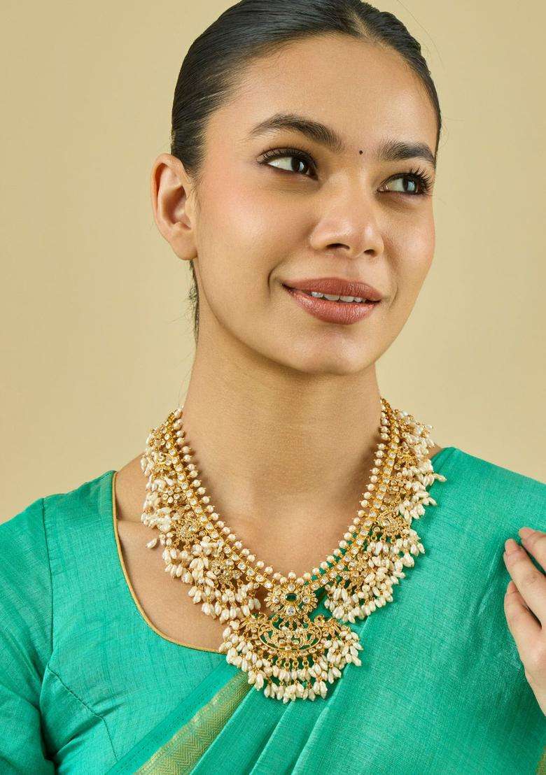 92.5 Pure Silver Gold-Plated Artificial Stones Temple Necklace for Women | Traditional Temple Jewellery for Wedding & Festive Wear | Gift for Her - Indya