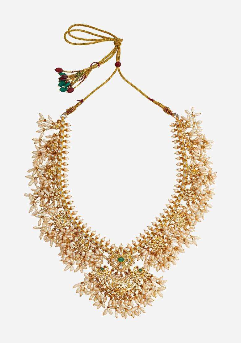 92.5 Pure Silver Gold-Plated Artificial Stones Temple Necklace for Women | Traditional Temple Jewellery for Wedding & Festive Wear | Gift for Her - Indya
