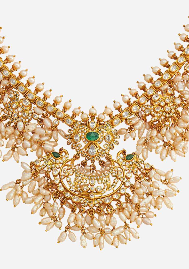 92.5 Pure Silver Gold-Plated Artificial Stones Temple Necklace for Women | Traditional Temple Jewellery for Wedding & Festive Wear | Gift for Her - Indya