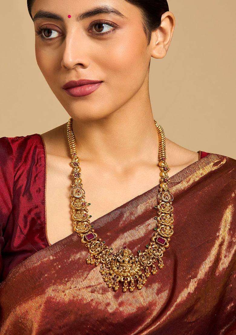 Embellished Bridal 92.5 Silver Gold-Plated Temple Necklace for Women | Traditional Temple Jewellery for Wedding & Festive Wear | Gift for Her - Indya