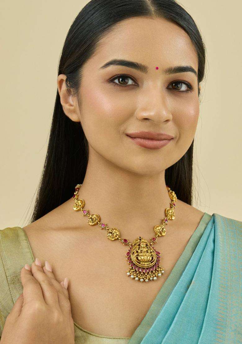 Embellished Bridal 92.5 Silver Gold-Plated Temple Necklace for Women | Traditional Temple Jewellery for Wedding & Festive Wear | Gift for Her - Indya