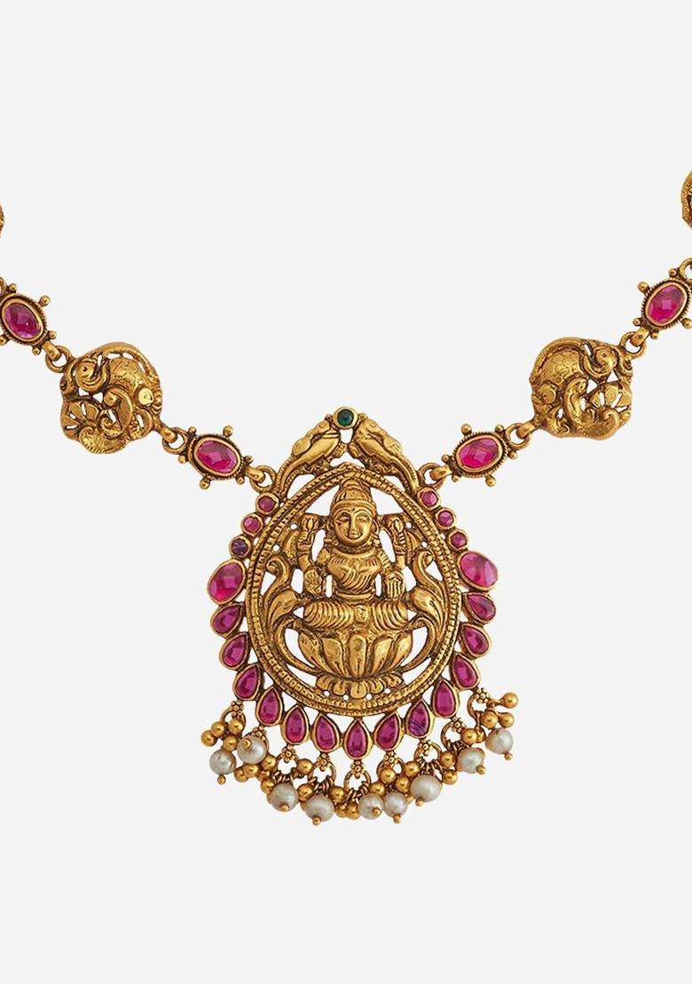 Embellished Bridal 92.5 Silver Gold-Plated Temple Necklace for Women | Traditional Temple Jewellery for Wedding & Festive Wear | Gift for Her - Indya
