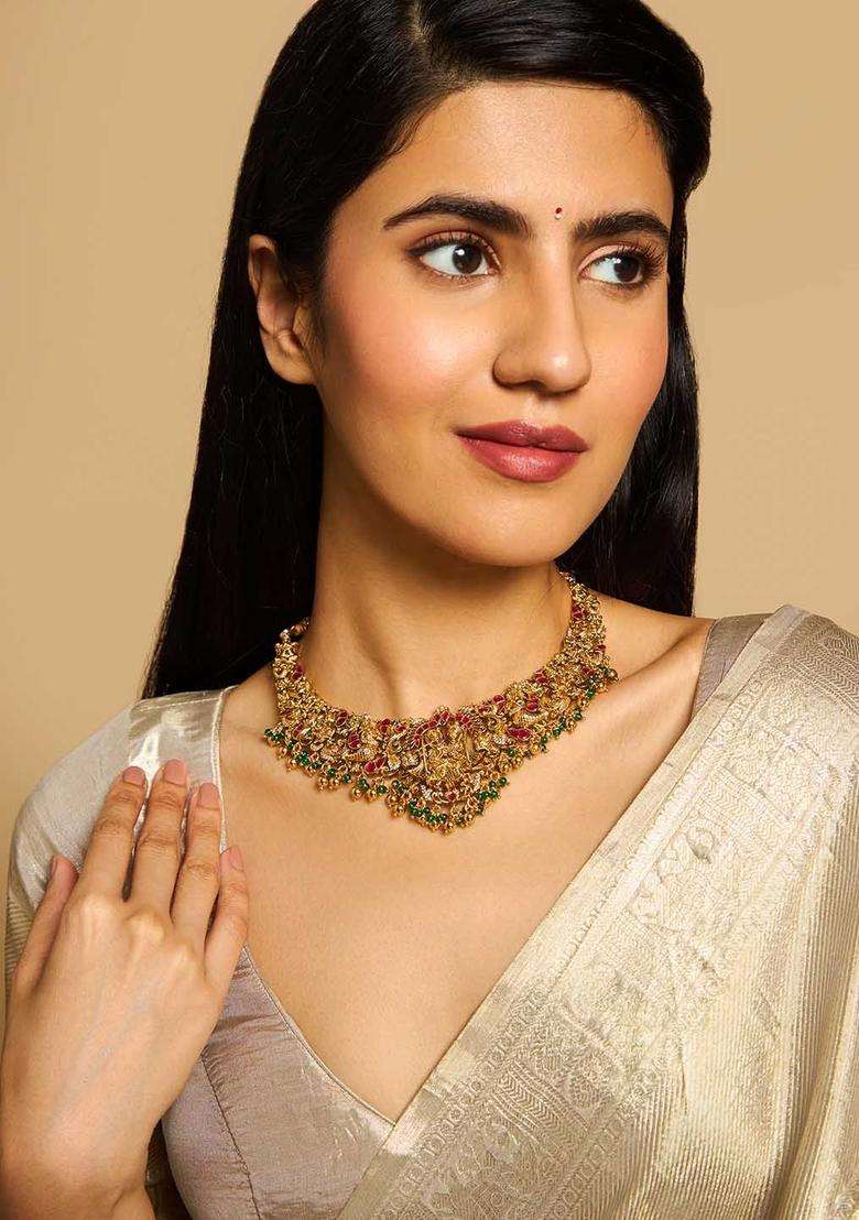 Embellished Bridal 92.5 Silver Gold-Plated Temple Necklace for Women | Traditional Temple Jewellery for Wedding & Festive Wear | Gift for Her - Indya