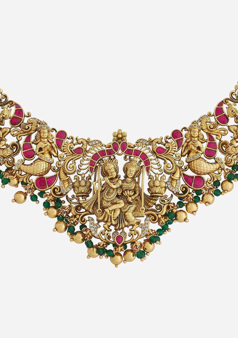 Embellished Bridal 92.5 Silver Gold-Plated Temple Necklace for Women | Traditional Temple Jewellery for Wedding & Festive Wear | Gift for Her - Indya