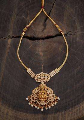 92.5 Pure Silver Gold-Plated Stones Studded Temple Necklace for Women | Traditional Temple Jewellery for Wedding & Festive Wear | Gift for Her