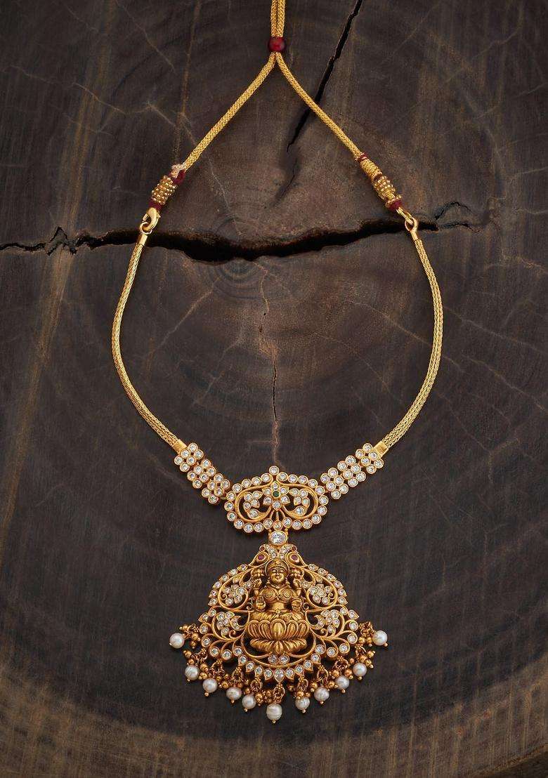 92.5 Pure Silver Gold-Plated Stones Studded Temple Necklace for Women | Traditional Temple Jewellery for Wedding & Festive Wear | Gift for Her - Indya
