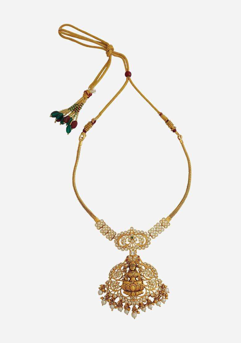 92.5 Pure Silver Gold-Plated Stones Studded Temple Necklace for Women | Traditional Temple Jewellery for Wedding & Festive Wear | Gift for Her - Indya
