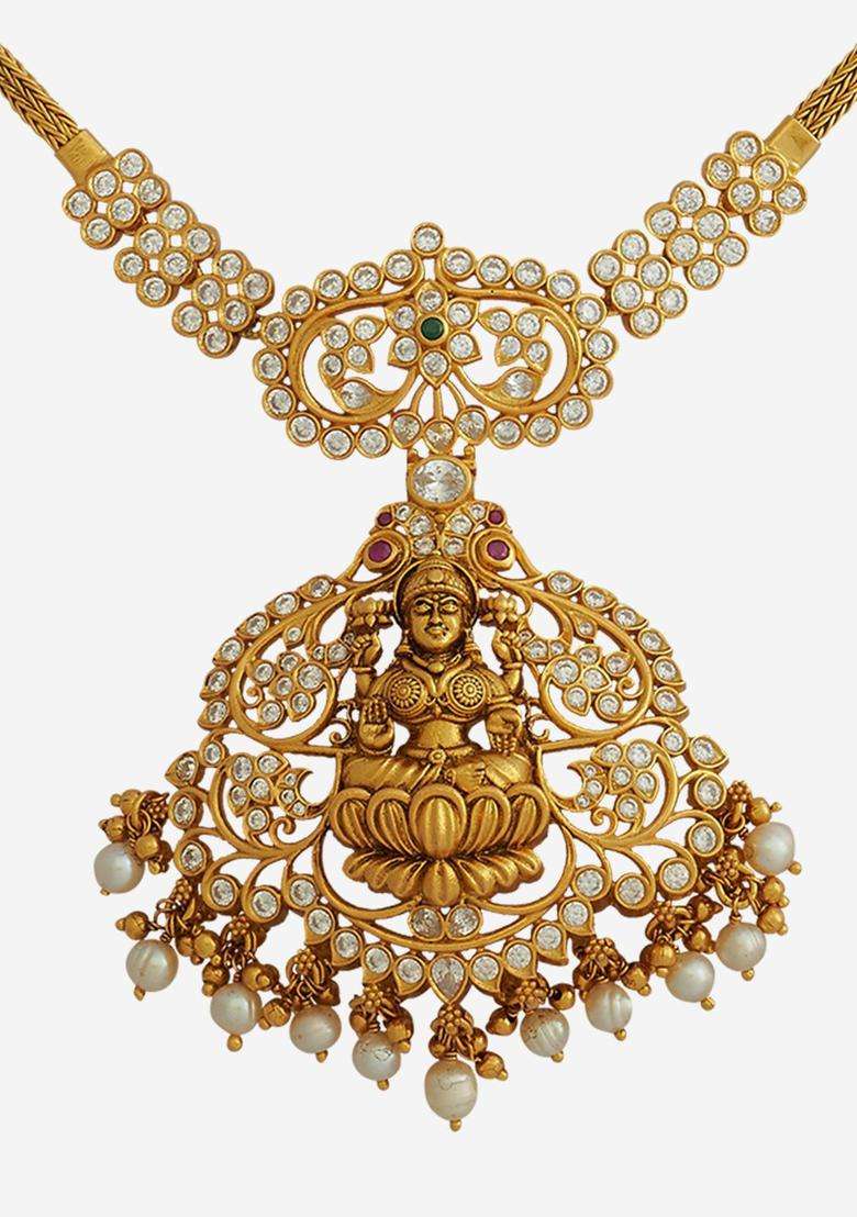92.5 Pure Silver Gold-Plated Stones Studded Temple Necklace for Women | Traditional Temple Jewellery for Wedding & Festive Wear | Gift for Her - Indya