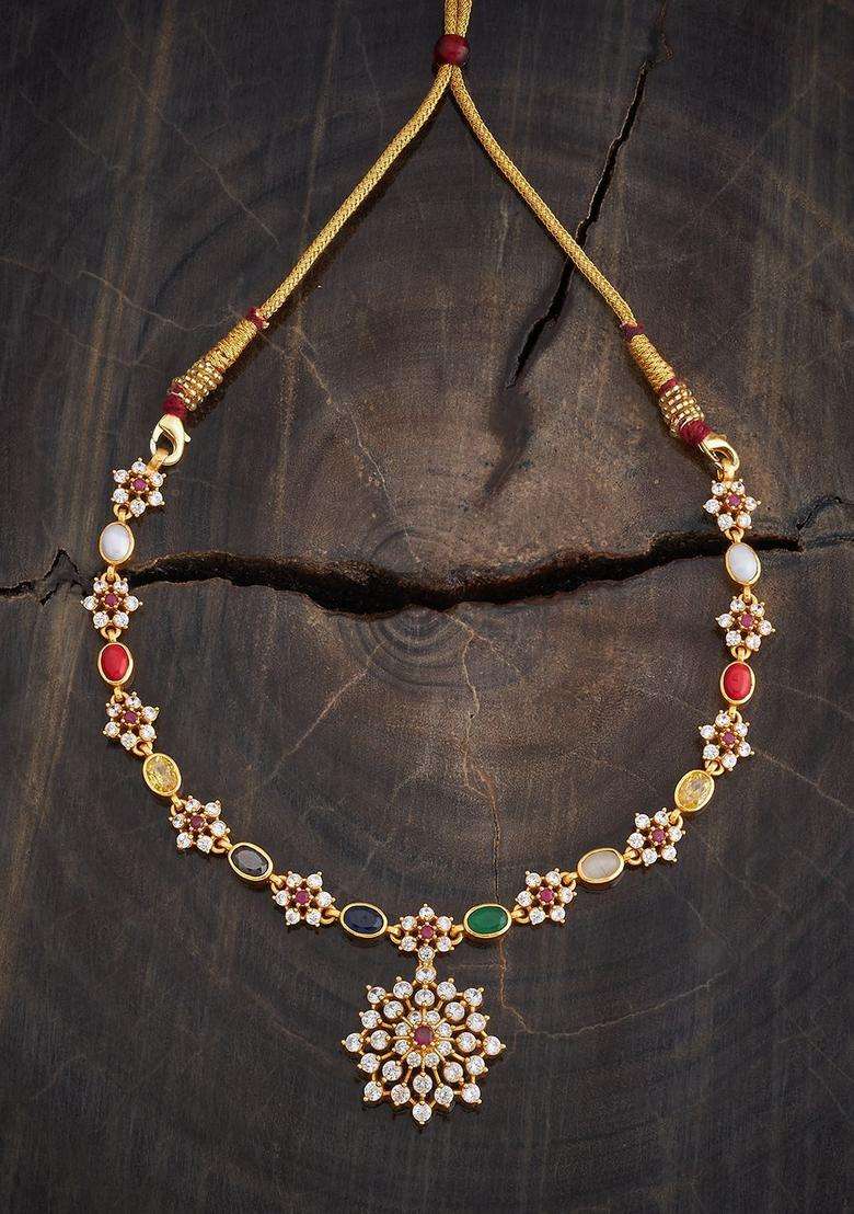 92.5 Pure Silver Navaratna Gold-Plated Stone Studded Necklace for Women | Traditional Temple Jewellery for Wedding & Festive Wear | Gift for Her - Indya