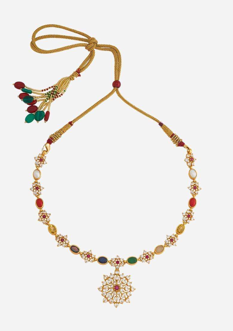 92.5 Pure Silver Navaratna Gold-Plated Stone Studded Necklace for Women | Traditional Temple Jewellery for Wedding & Festive Wear | Gift for Her - Indya