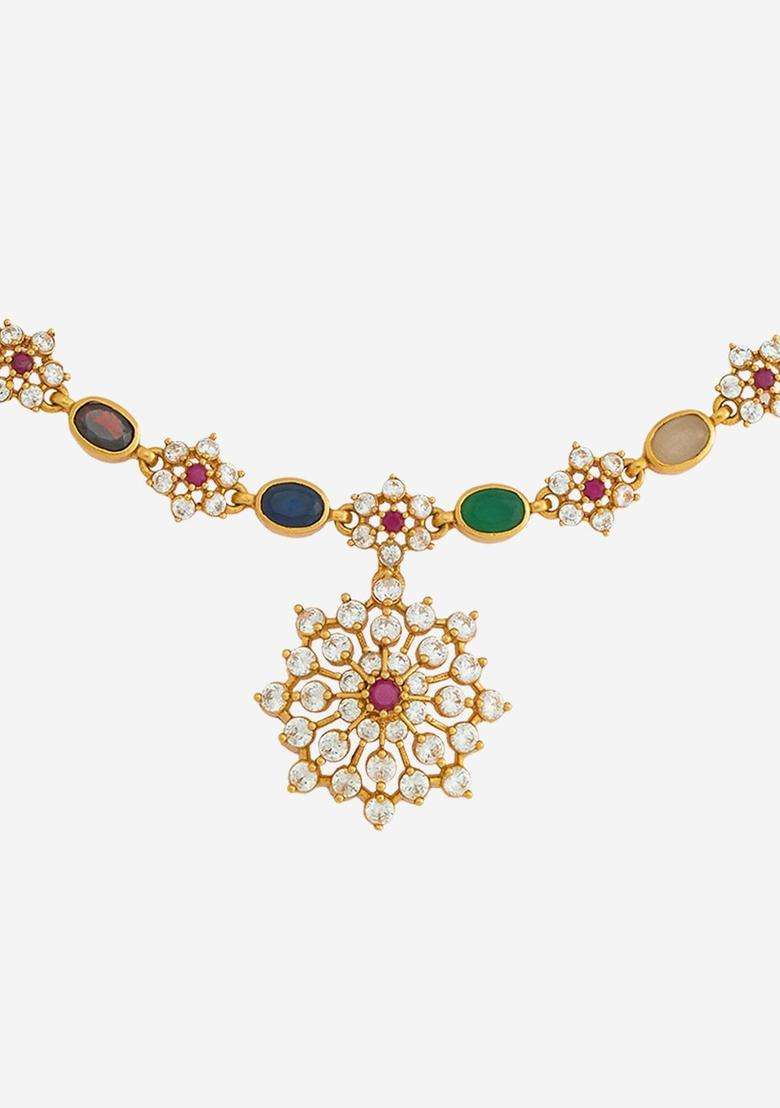 92.5 Pure Silver Navaratna Gold-Plated Stone Studded Necklace for Women | Traditional Temple Jewellery for Wedding & Festive Wear | Gift for Her - Indya