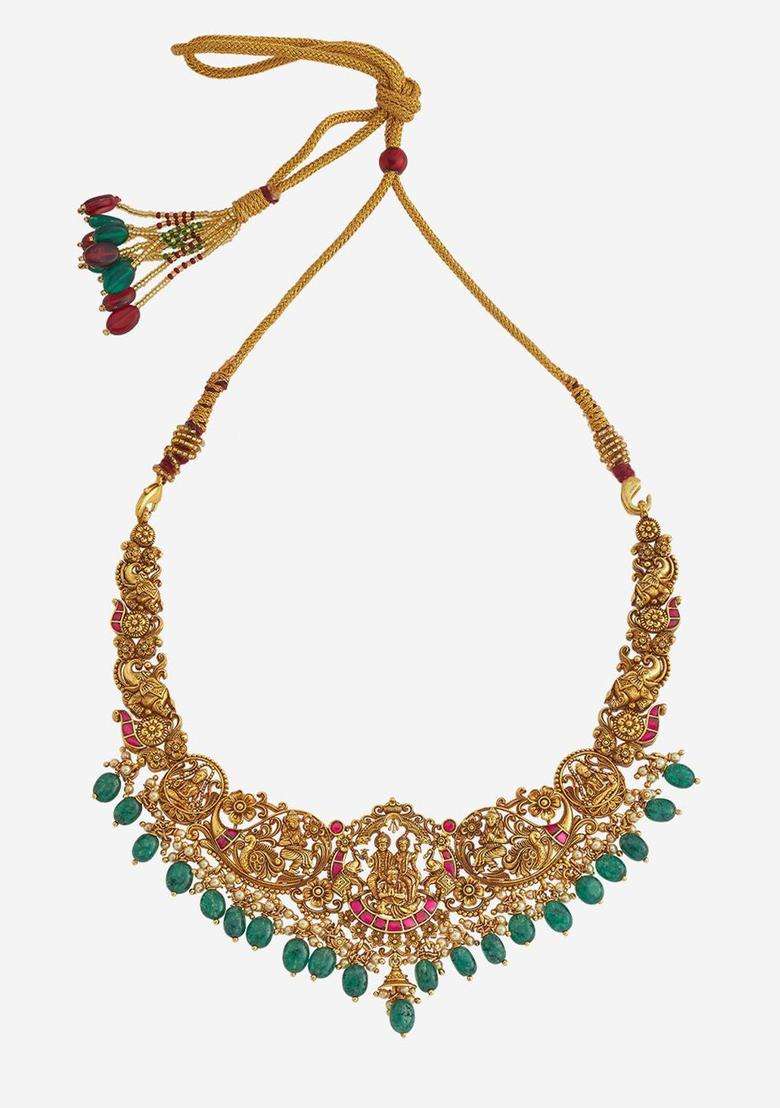 Silver Gold-Plated Beaded Temple Necklace for Women | Traditional Temple Jewellery for Wedding & Festive Wear | Gift for Her - Indya