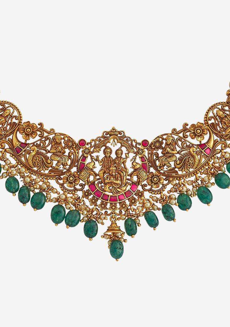 Silver Gold-Plated Beaded Temple Necklace for Women | Traditional Temple Jewellery for Wedding & Festive Wear | Gift for Her - Indya