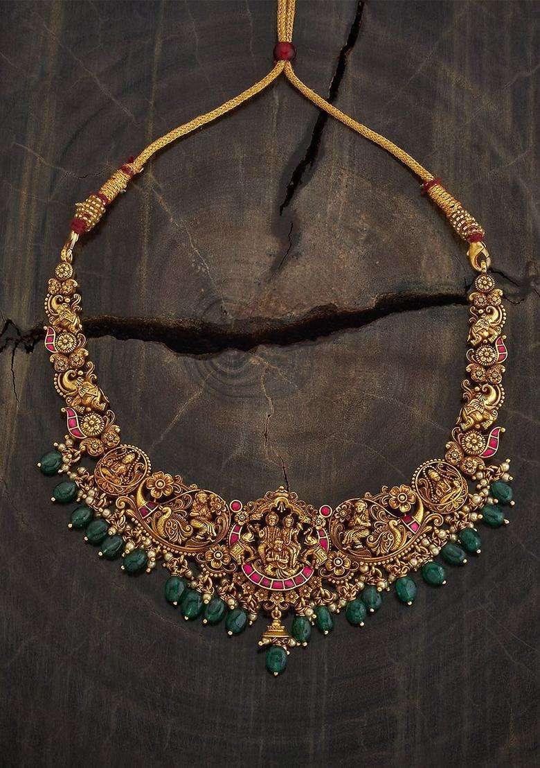 Silver Gold-Plated Beaded Temple Necklace for Women | Traditional Temple Jewellery for Wedding & Festive Wear | Gift for Her - Indya