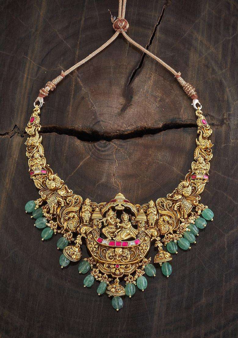 92.5 Pure Silver Gold-Plated Stone Studded Temple Necklace for Women | Traditional Temple Jewellery for Wedding & Festive Wear | Gift for Her - Indya