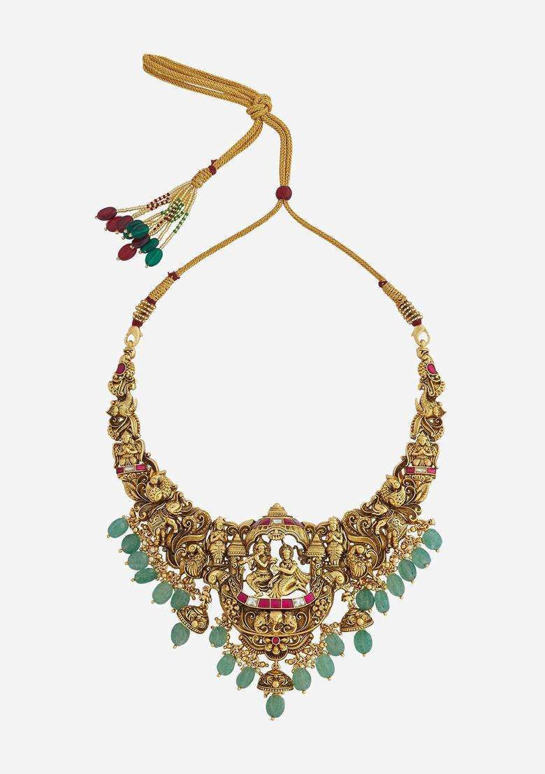 92.5 Pure Silver Gold-Plated Stone Studded Temple Necklace for Women | Traditional Temple Jewellery for Wedding & Festive Wear | Gift for Her - Indya