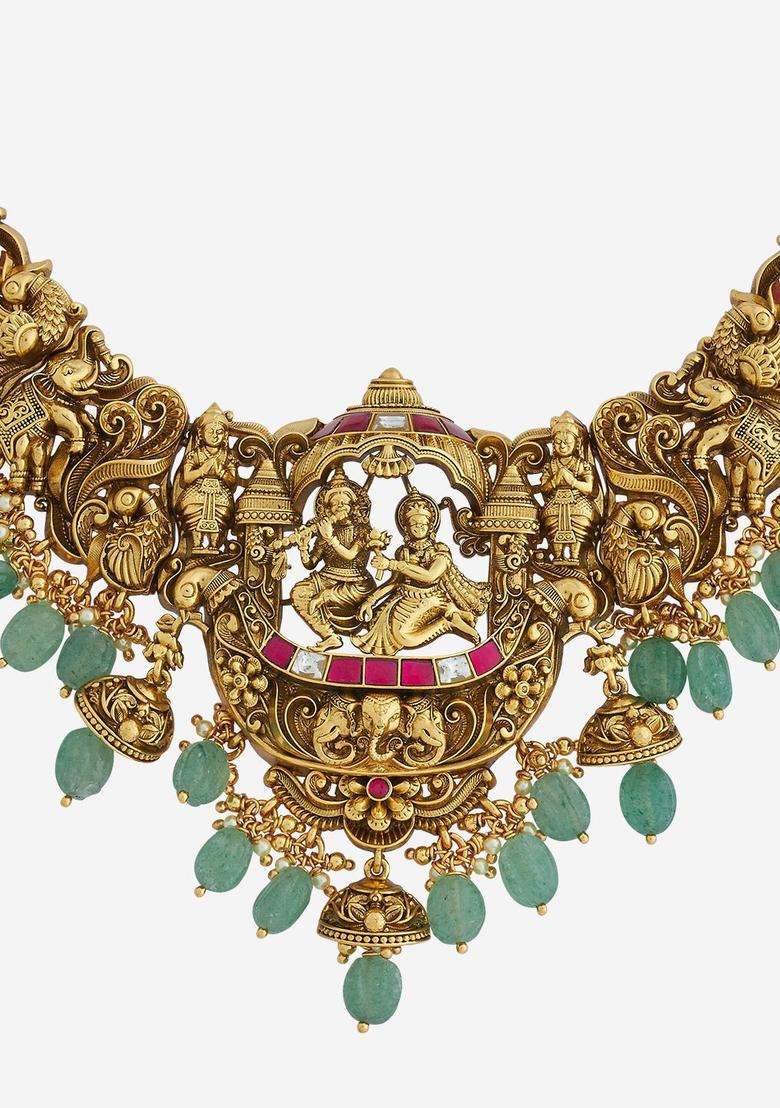 92.5 Pure Silver Gold-Plated Stone Studded Temple Necklace for Women | Traditional Temple Jewellery for Wedding & Festive Wear | Gift for Her - Indya