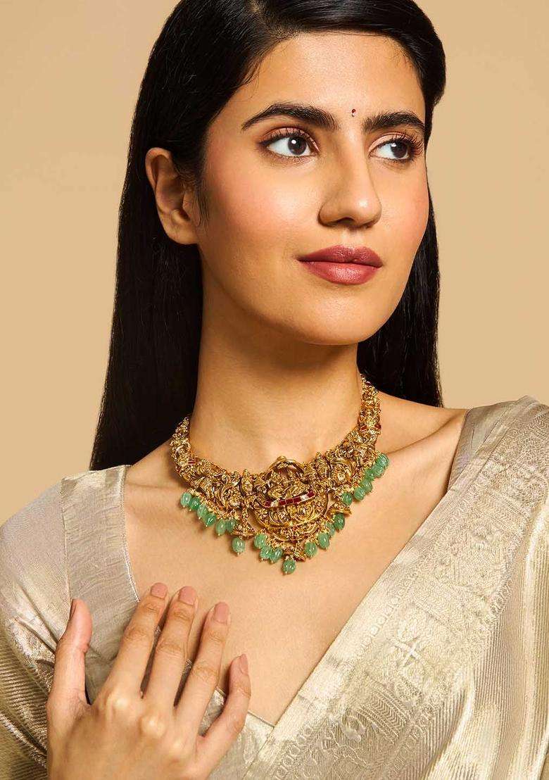 92.5 Pure Silver Gold-Plated Stone Studded Temple Necklace for Women | Traditional Temple Jewellery for Wedding & Festive Wear | Gift for Her - Indya